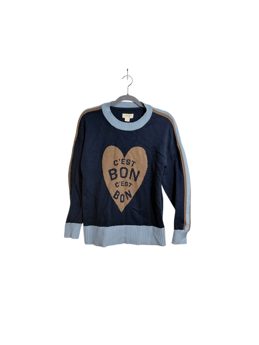 Maeve Navy Sweater with Light Blue Trim & Tan Heart Graphic
